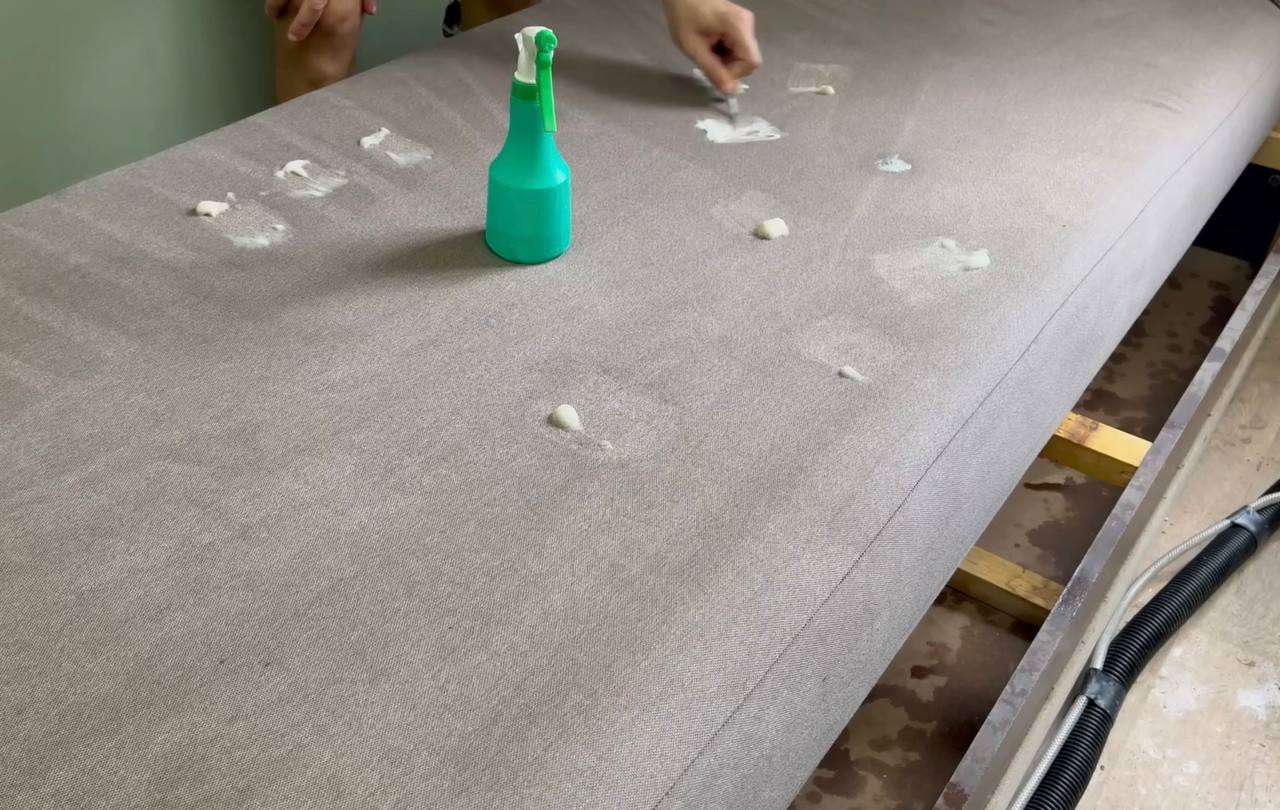 Foam pre-treatment for stain removal on grey fabric sofa - Dublin upholstery cleaning